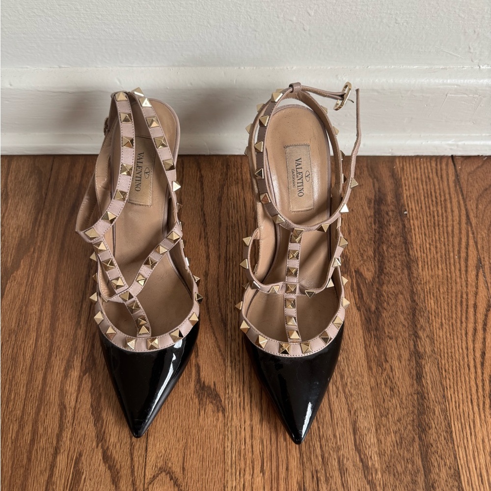 Valentino Black Patent Pointed-Toe T-Strap Heels with Nude Trim and Gold Studs